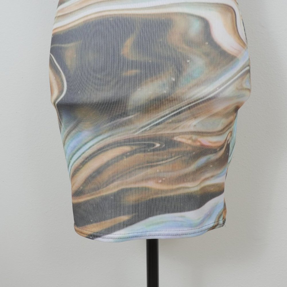 Pretty Little Thing Blue Brown Green Marble Design Size 4 Sleeveless Mini Dress - Picture 4 of 11